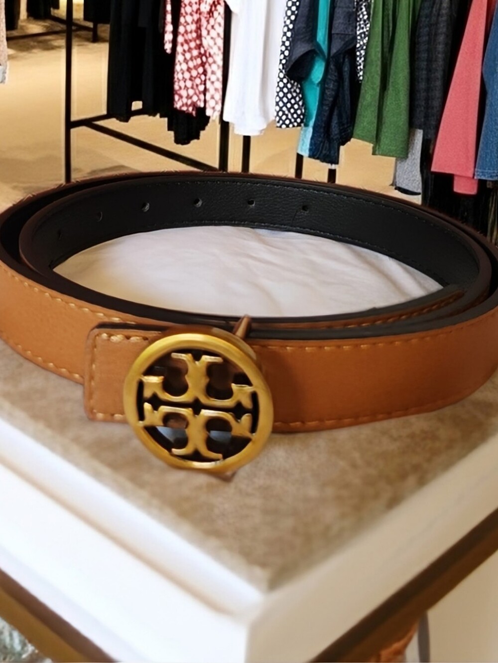 Tory Burch Tan Leather Belt with Gold Logo Buckle